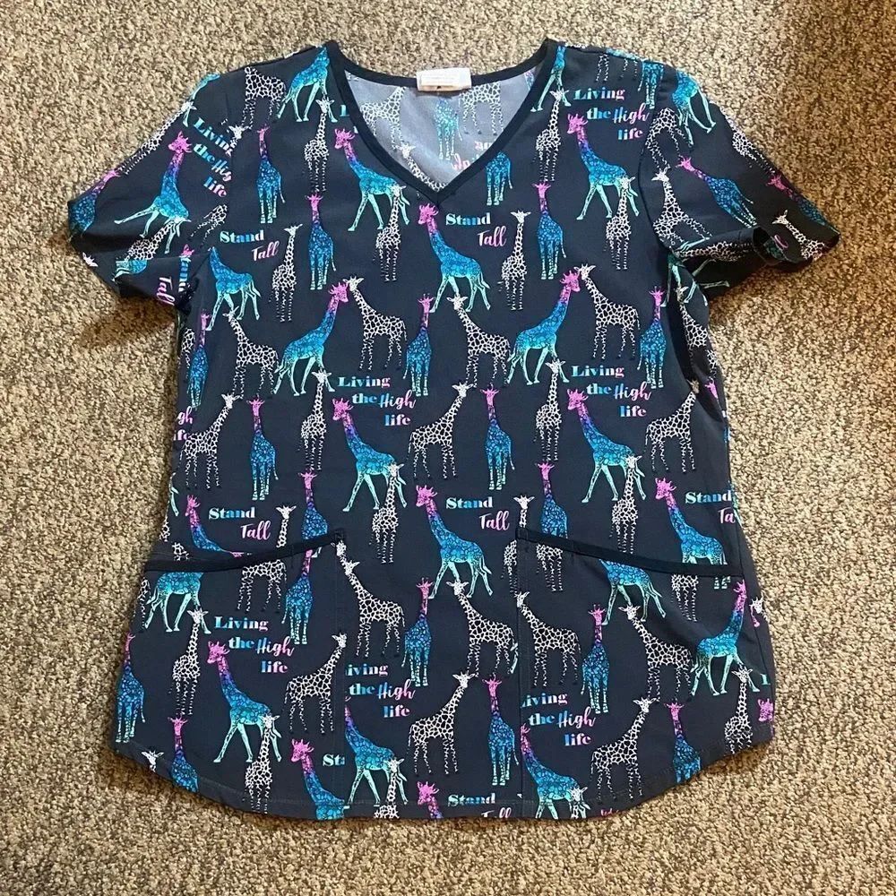 Scrubstar Unisex Tee with Giraffe Print - Black and Blue Size S